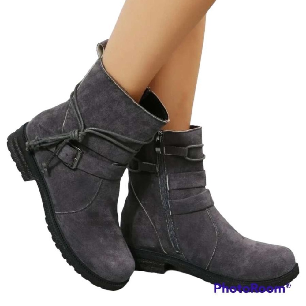 Shein Women's Dark Gray Faux Suede Side Zipper Buckle Decor Combat Boots Size 8